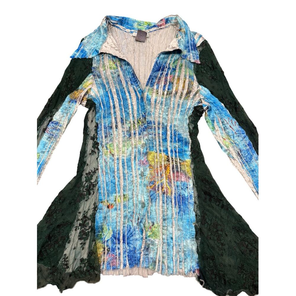 Vintage Y2K Cache Blouse M Floral Lace Bell Sleeve Whimsigoth Pleated Fairy - Picture 3 of 10